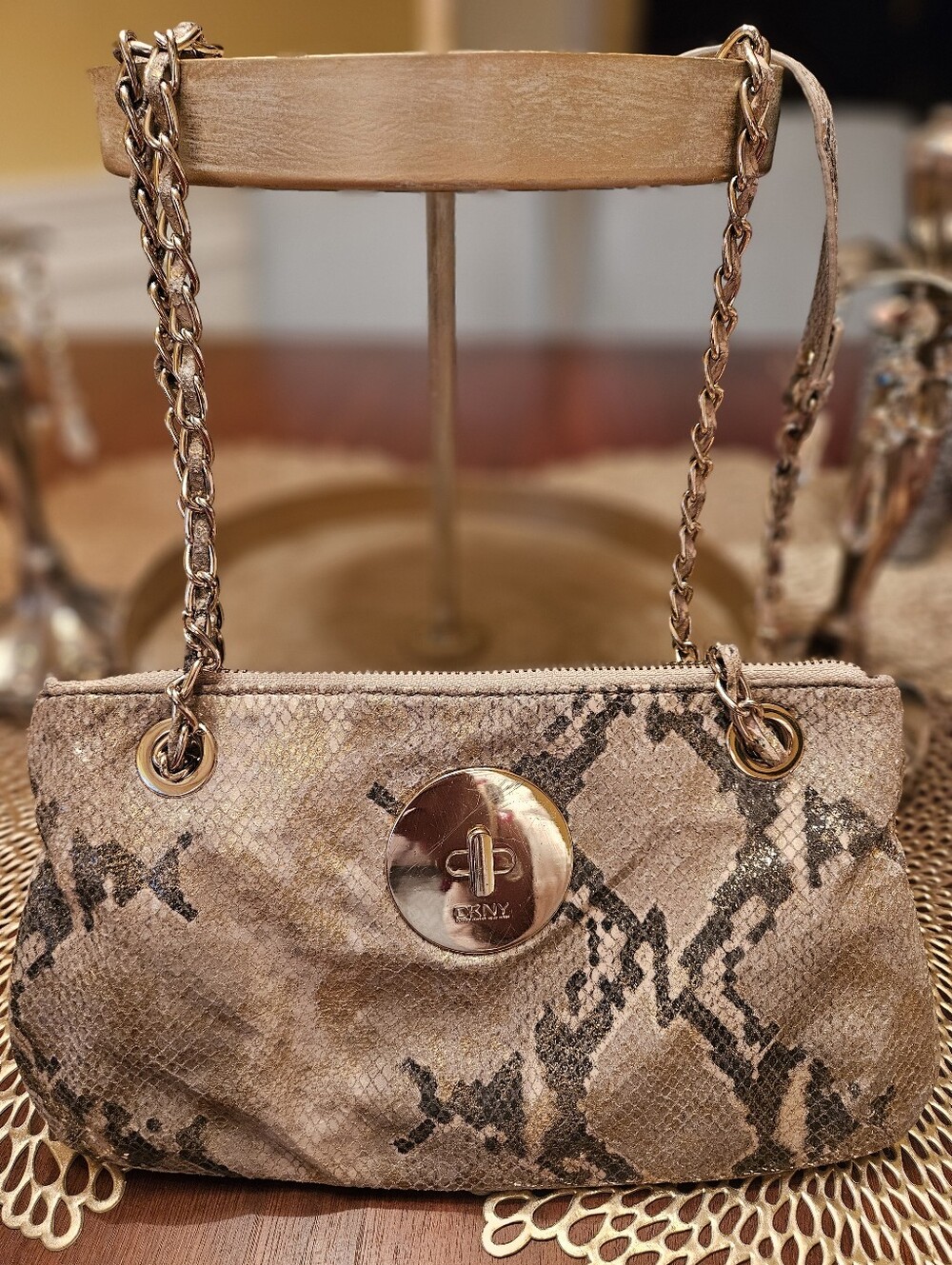 DKNY Convertible Metallic Snakeskin Chain Shoulder Bag Crossbody Clutch